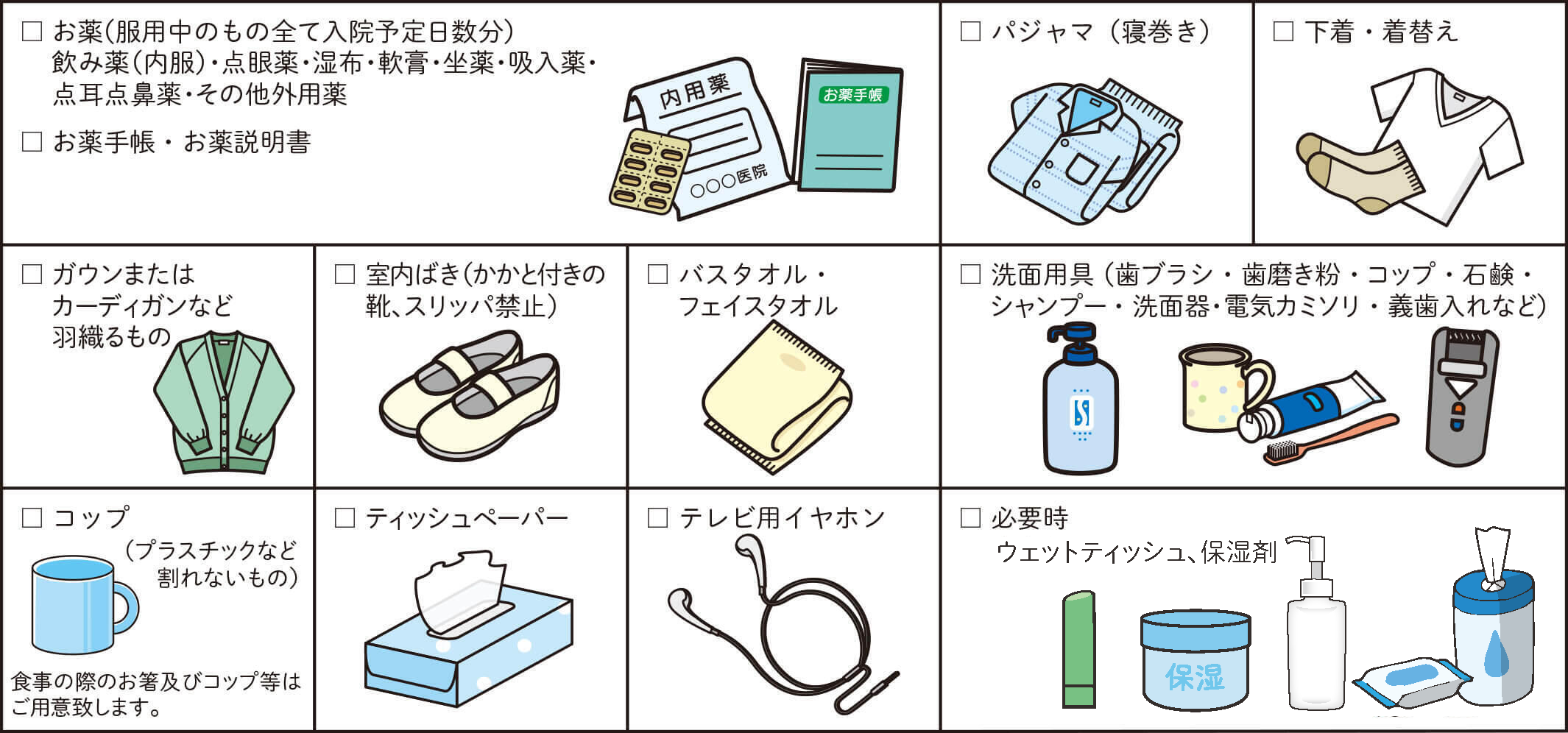 入院時にお持ちいただくもの
